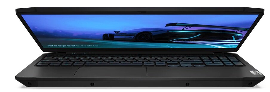 Laptop z otwartym ekranem, na którym wyświetlany jest obraz samochodu wyścigowego na niebieskim tle. Na obudowie widoczne jest logo \'ideapad gaming\'.