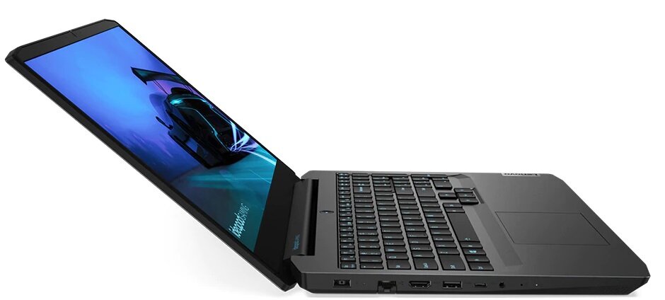Laptop z otwartym ekranem, na którym widoczny jest obraz samochodu wyścigowego. Klawiatura jest pełnowymiarowa, a obudowa ma ciemny kolor.