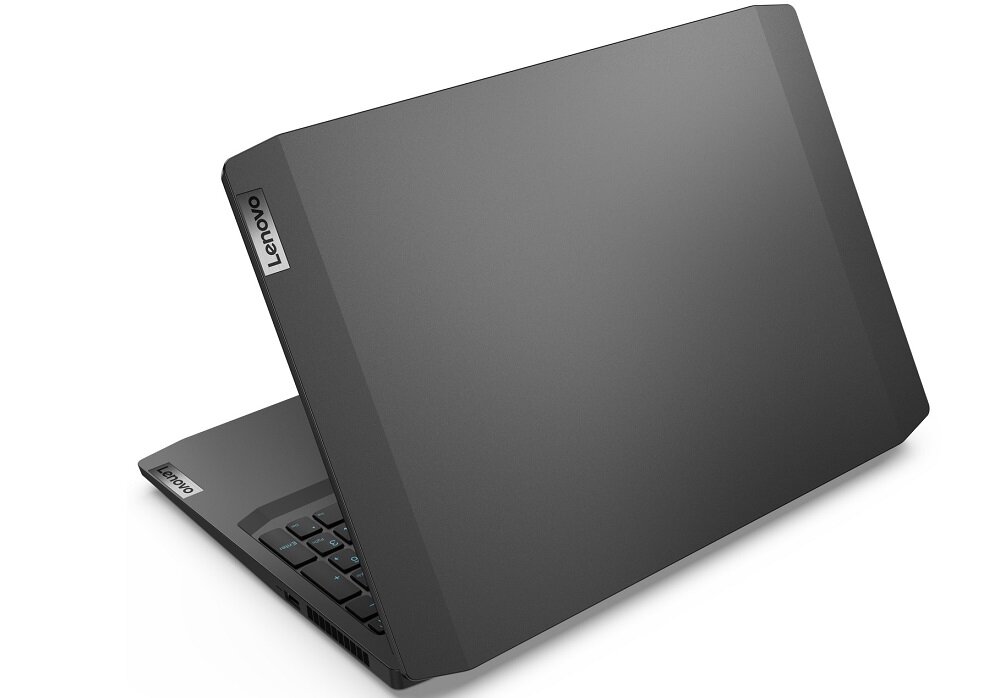 Laptop z zamkniętą pokrywą, na której widoczne jest logo \'Lenovo\'. Obudowa jest w kolorze ciemnoszarym.