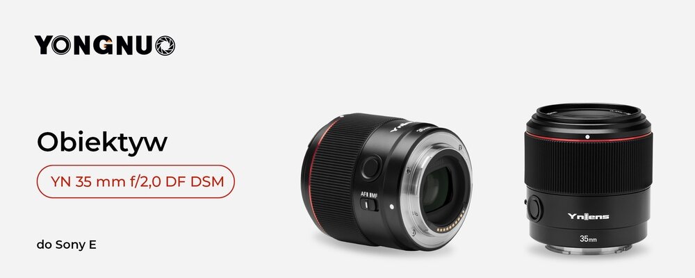 Obiektyw Yongnuo YN 35 mm f/2,0 DF DSM do Sony E z widocznym przyciskiem funkcyjnym, włącznikiem autofokusa oraz przednią soczewką