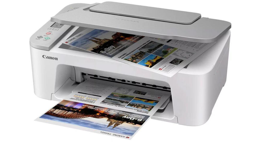 Urządzenie wielofunkcyjne CANON TS3451 Druk w kolorze, Wi-Fi  prezentacja urządzenia na białym tle pod kątem prędkość druku kolor monochromatyczny odbitki wymiary pamiątkowe albumy
