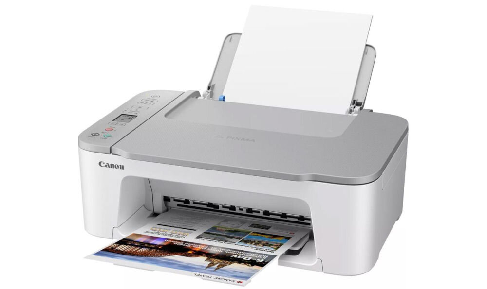 Urządzenie wielofunkcyjne CANON TS3451 Druk w kolorze, Wi-Fi  prezentacja urządzenia na białym tle od przodu pod kątem jakość druku, rozdzielczość, wyraźne wydruki dokumentów pisma biurowe