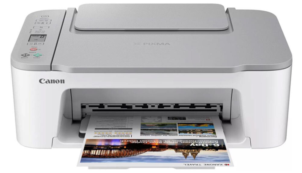 Urządzenie wielofunkcyjne CANON TS3451 Druk w kolorze, Wi-Fi  prezentacja urządzenia na białym tle od przodu technologia FINE dwie kasety wyraźne teksty żywe barwy prosty proces przygotowywania wydruków oszczędność czasu