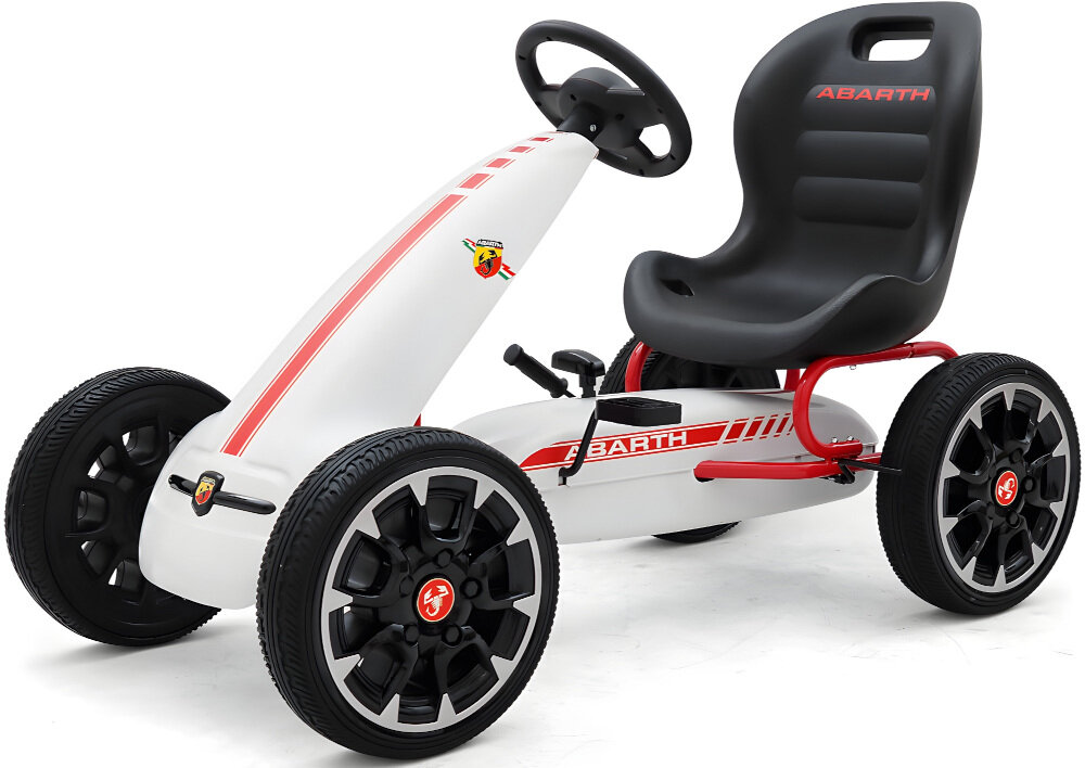 Gokart na pedały MILLY MALLY Abarth Biały konstrucja metalowa lekka obudowa z tworzywa sztucznego wytrzymały bezpieczny spełnia europejskie standardy bezpieczeństwa