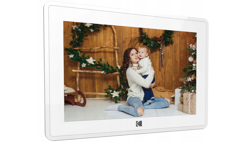 Ramka cyfrowa KODAK RCF-106 Biały prezentacja ramki od przodu pod kątem na białym tle ekran rozdzielczość proporcje ZOOM regulacja jasności obrót obrazu pion poziom