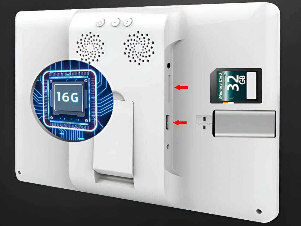 Ramka cyfrowa KODAK RCF-106 Biały prezentacja ramki od tyłu pod kątem na czarnym tle pokazanie pamięci wewnętrznej i dodatkowych możliwości dodania pamięci pamięć wewnętrzna chmura możliwość korzystania z kart pendrive