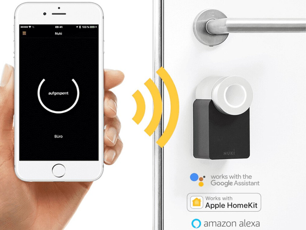 Zamek NUKI Combo 2.0 Wi-Fi współpracuje z Amazon Alexa Google Asystent Apple HomeKit aplikacja mobilna NUKI SMART LOCK system iOS Android