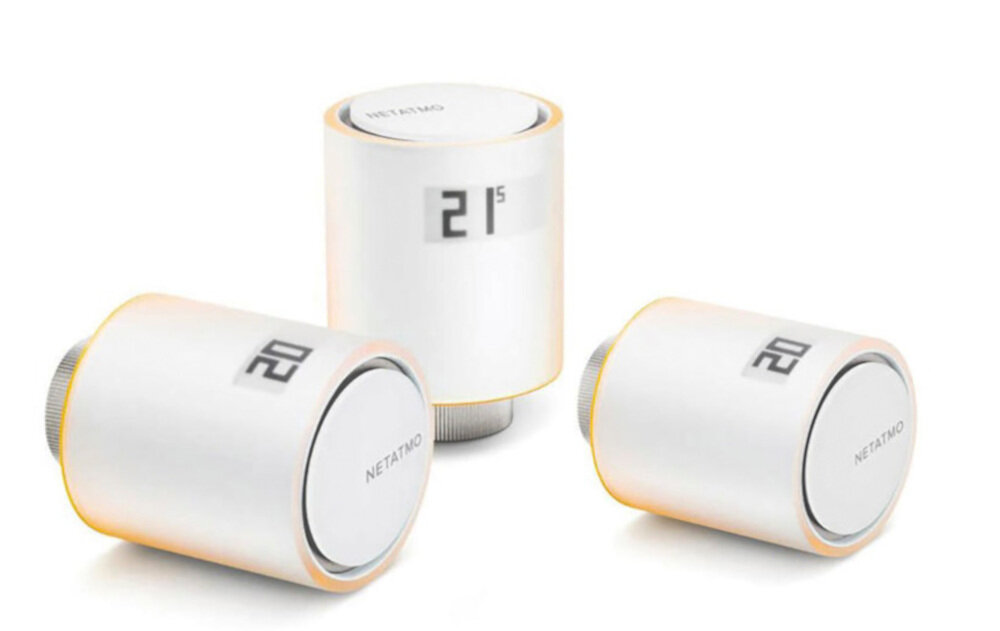 Głowice termostatyczne NETATMO NBU-NAV-EU Wi-Fi (3 szt.) 3 głowice kontrolowanie ogrzewania półprzezroczysty cylinder z pleksiglasu personalizacji wyglądu 4 kolorowe nakładki do użytku wewnętrznego