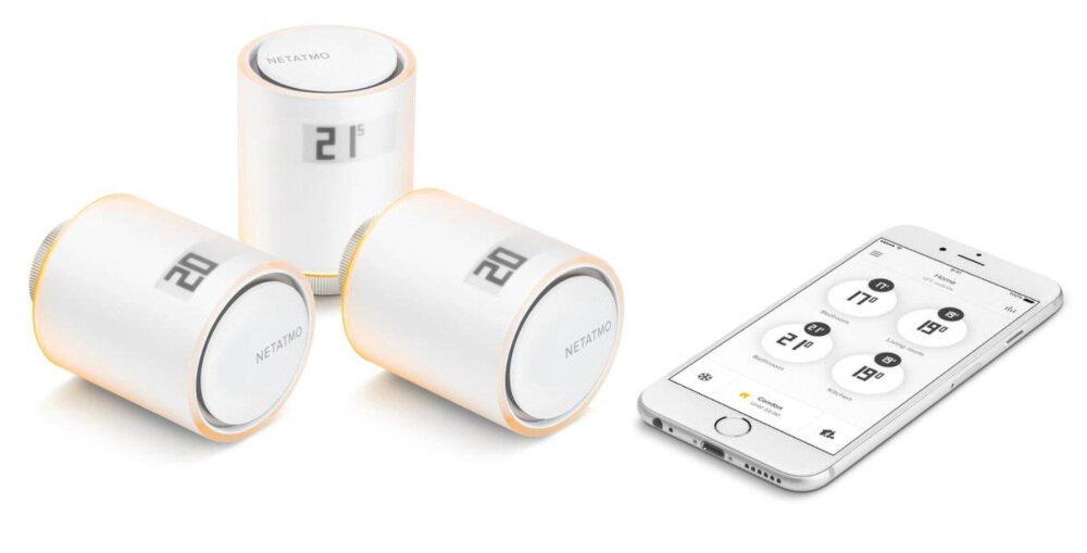 Głowice termostatyczne NETATMO NBU-NAV-EU Wi-Fi (3 szt.) szereg przydatnych funkcji wykrywanie otwartego okna ręczne zwiększanie temperatury inteligentna regulacja