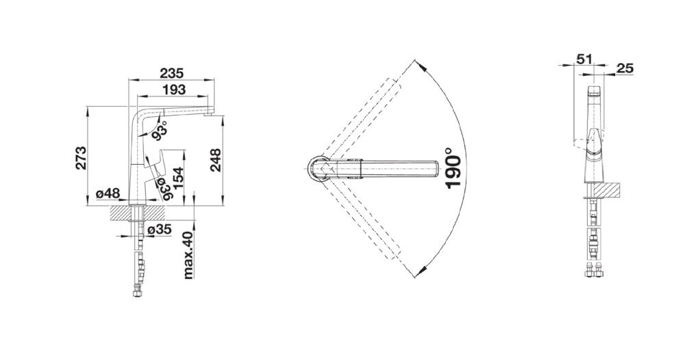 BATERIA KUCHENNA BLANCO AVONA-S 526170 zdjęcie techniczne wymiary wylewka wysokość zasięg korpus