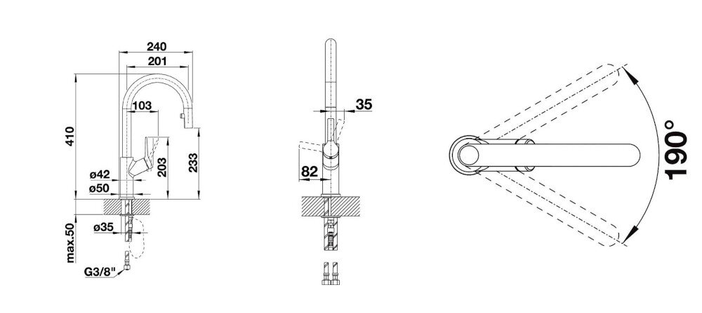 Bateria BLANCO Carena-S Vario 526172 Czarny/chrom zdjęcie techniczne wymiary Wysokość korpusu wylewki Zasięg