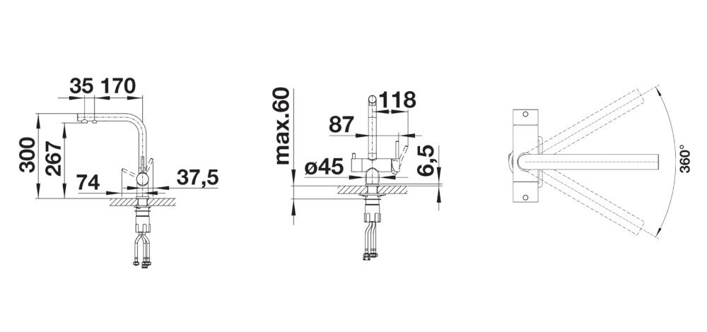 BATERIA KUCHENNA BLANCO Fontas II 526157 Czarny zdjęcie techniczne wymiary wylewka wysokość zasięg korpus