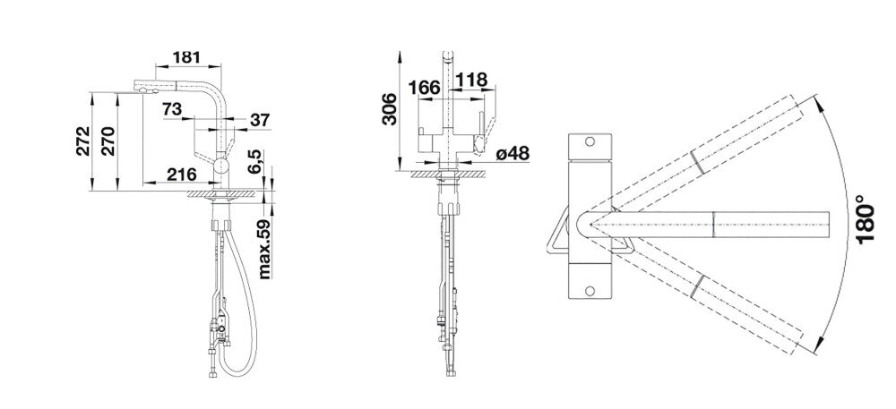 BATERIA KUCHENNA BLANCO Fontas II 526158 czarny zdjęcie techniczne wymiary wylewka wysokość zasięg korpus