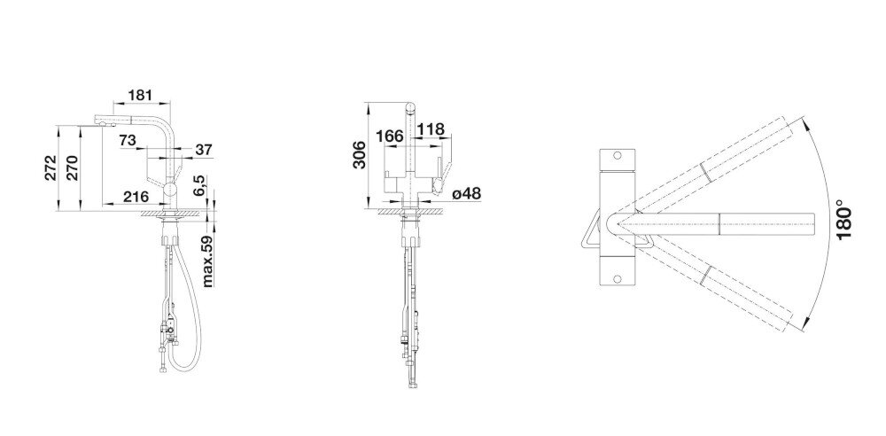 BATERIA KUCHENNA BLANCO Fontas II 525207 Szarość skały zdjęcie techniczne wymiary wylewka wysokość zasięg korpus