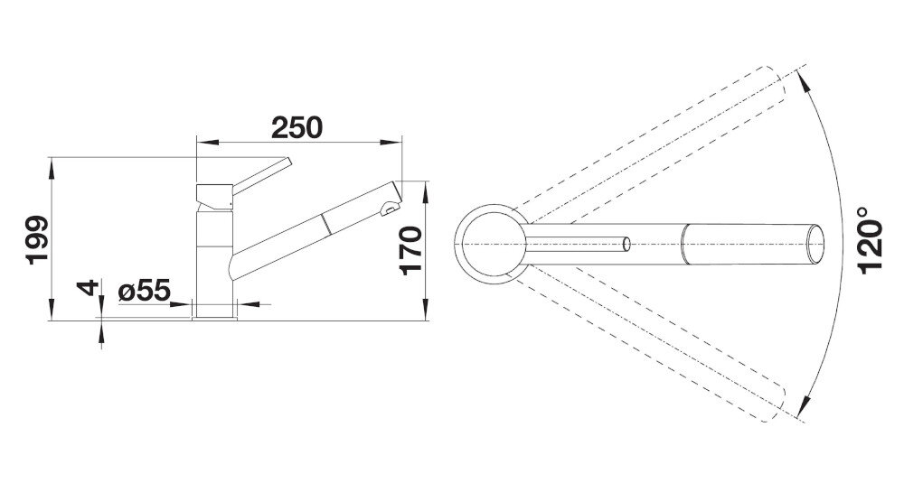 Bateria BLANCO Kano-S 526174 Czarny/chrom wymiary Wysokość korpusu wylewki Zasięg