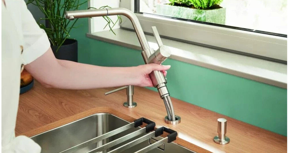 Bateria BLANCO Lanora-F 526179 Stal szczotkowana widok całościowy kolor Kawowy chrom wyjmowana bateria montaż przy oknie