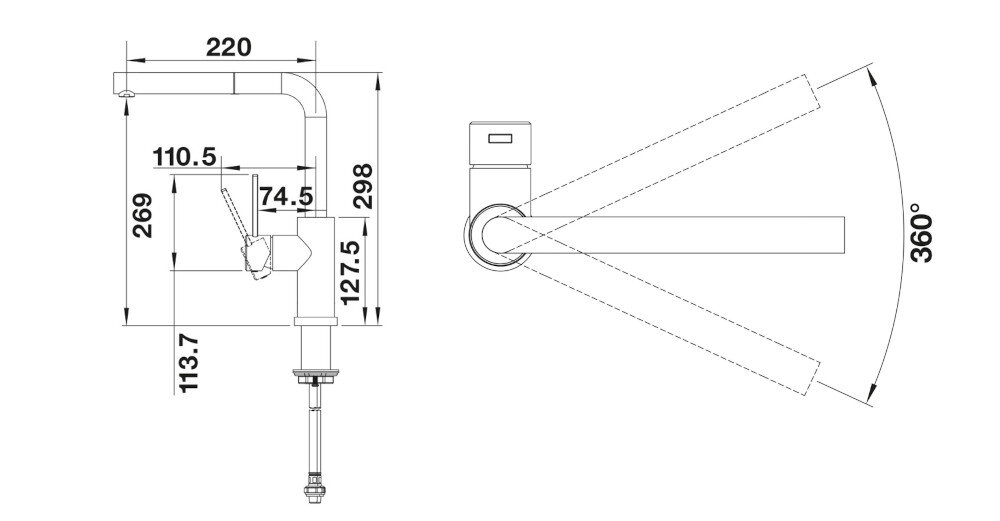 Bateria BLANCO Lanora-S-F 526180 Stal szczotkowana wymiary Wysokość korpusu wylewki Zasięg