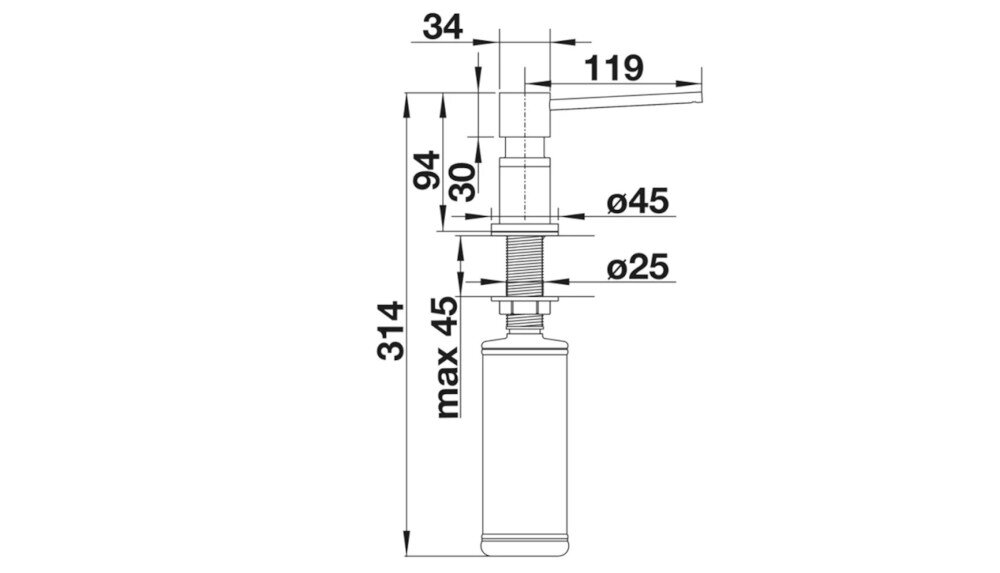 Dozownik do płynu do naczyń BLANCO Wymiary Wysokość Głębokość Szerokość średnica otworu montaż szczegóły