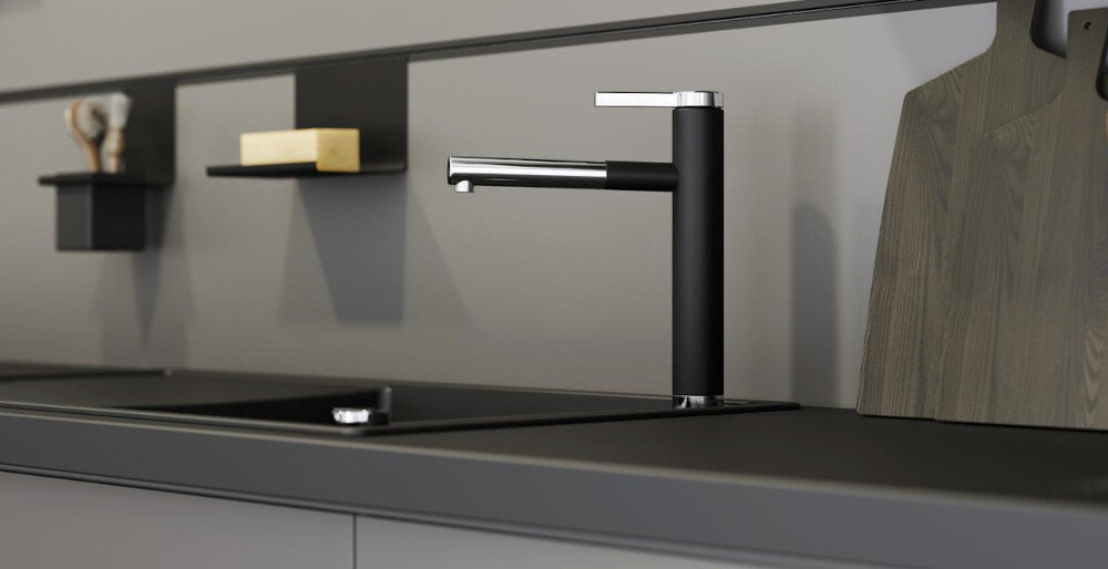 BATERIA KUCHENNA BLANCO Linee-S 526171 zdjęcie lifestyle obrotowa wyciągana wylewka kolor czarny trwały estetyczny Silgranit odporny na temperatury łatwe czyszczenie