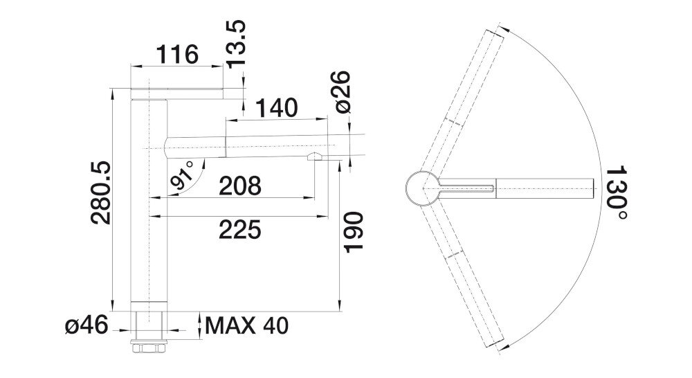 BATERIA KUCHENNA BLANCO Linee-S 526171 zdjęcie techniczne wymiary wylewka wysokość zasięg korpus