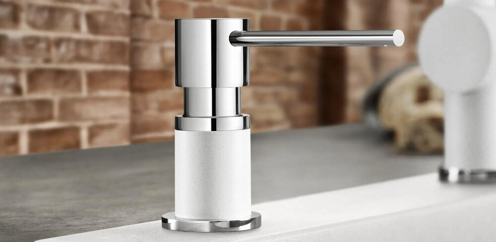 Dozownik do płynu do naczyń BLANCO Wymiary Wysokość Głębokość Szerokość średnica otworu montaż szczegóły wygląd kolor biały chrom wygoda solidna konstrukcja wytrzymała pompka łatwa obsługa dokładne dawkowanie 300 ml silgranit stylowo przyjemne użytkowanie