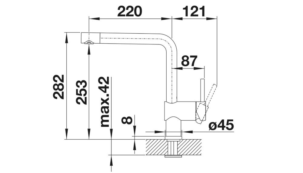 BATERIA KUCHENNA BLANCO Linus 526149 zdjęcie techniczne wymiary wylewka wysokość zasięg korpus