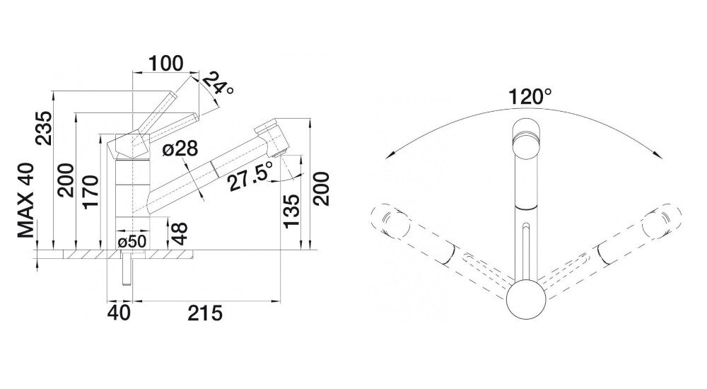 BATERIA KUCHENNA BLANCO Tivo-S 526279 zdjęcie techniczne wymiary wylewka wysokość zasięg korpus