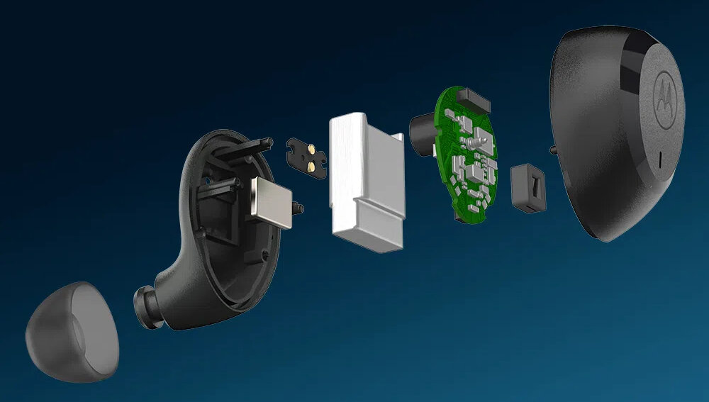 Słuchawki douszne MOTOROLA Moto Buds Charge dźwięk Hi-Fi membrana filmy muzyka czas pracy akumulator ładowanie smartfon klasa odporności IPX5 asystent głosowy