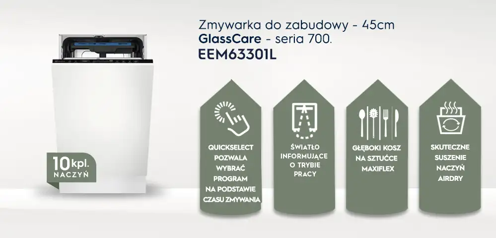 Obraz przedstawia zmywarkę do zabudowy z otwartym panelem, obok której znajdują się cztery ikony z opisami funkcji: QuickSelect, światło informujące o trybie pracy, głęboki kosz na sztućce MaxiFlex, skuteczne suszenie naczyń AirDry. Na zmywarce widnieje napis \'10 kpl. naczyń\', a nad nią tekst: \'Zmywarka do zabudowy - 45cm GlassCare - seria 700. EEM63301L\'.