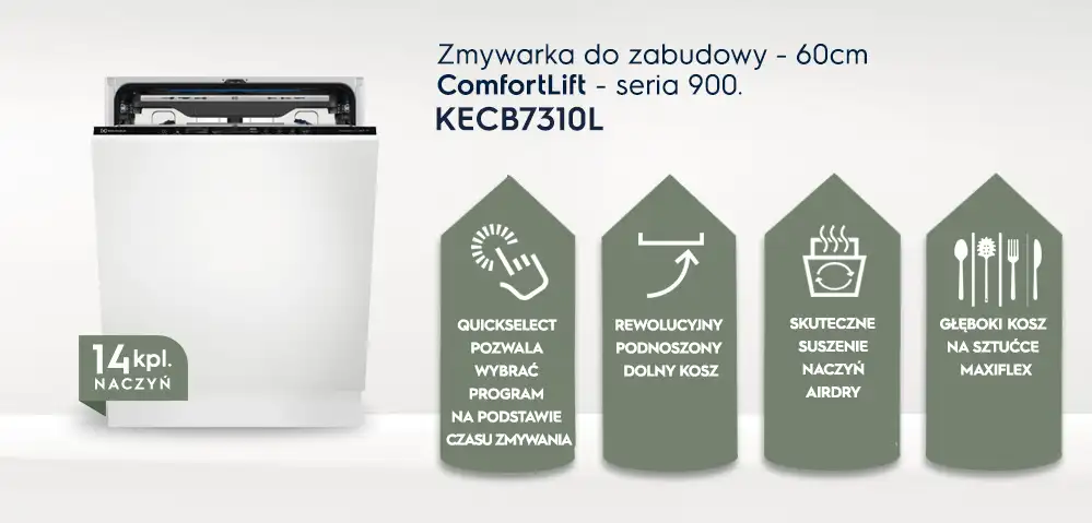 Obraz przedstawia zmywarkę do zabudowy z otwartym górnym koszem oraz cztery ikony z opisami funkcji: QuickSelect, rewolucyjny podnoszony dolny kosz, skuteczne suszenie naczyń AirDry, głęboki kosz na sztućce MaxiFlex. Widoczny tekst: \'Zmywarka do zabudowy - 60cm ComfortLift - seria 900. KECB7310L\' oraz \'14 kpl. naczyń\'.