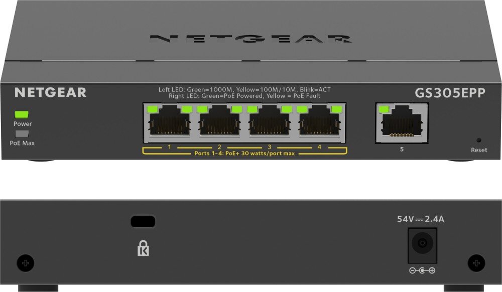 Switch NETGEAR GS305EPP-100PES Przedni i tylny panel przełącznika na białym tle, pokazujący porty, diody i gniazdo zasilania, funkcje, sterowanie, VLAN, filtrowanie