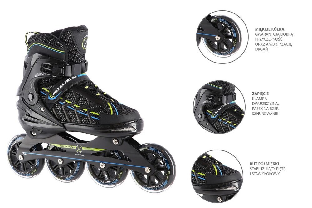 Łyżworolki NILS EXTREME NA1128 NA11010 (rozmiar 43-45) dedykowane średnio zaawansowanym rolkarzom wytrzymała skorupa wysokiej jakości kółka i łożyska możliwość regulacji rozmiaru do 43 do 45 sprawdzają się niezależnie od pogody maksymalna dynamika pełne bezpieczeństwo optymalna stabilizacja stopy