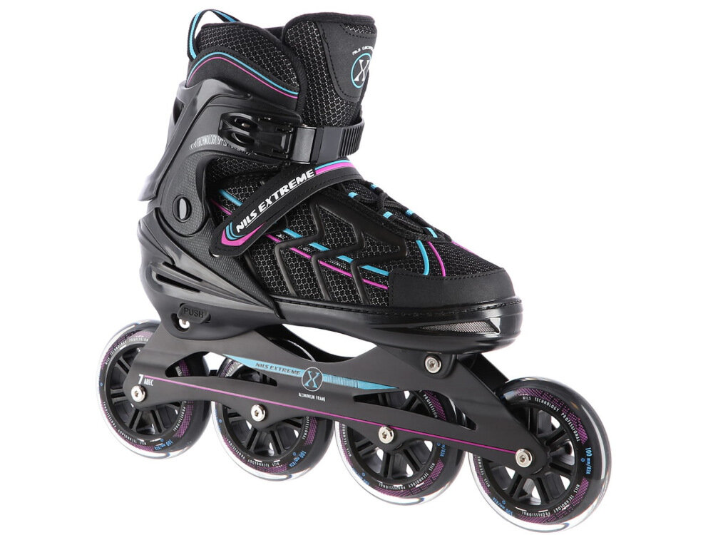 Łyżworolki NILS EXTREME NA1128 NA11010 (rozmiar 39-42) dedykowane średnio zaawansowanym rolkarzom wytrzymała skorupa wysokiej jakości kółka i łożyska możliwość regulacji rozmiaru do 39 do 42 sprawdzają się niezależnie od pogody maksymalna dynamika pełne bezpieczeństwo optymalna stabilizacja stopy