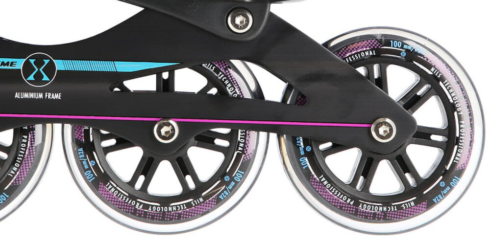 Łyżworolki NILS EXTREME NA1128 NA11010 (rozmiar 39-42) miękkie kółka twardość z materiaulu PU 82A średnica 84 mm grubość 24 mm bardzo dobra przyczepność do podłoża tłumią drgania łożyska ABEC-7