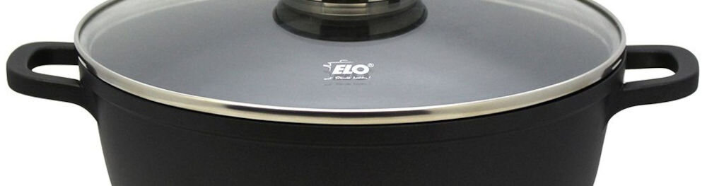 Patelnia ELO Alucast 8667426 24 cm czarne uchwyty kawałek pokrywy srebrne elementy białe tło funkcjonalność elegancja z odlewanego aluminium trwałość optymalne przewodzenie ciepła Wewnętrzna powłoka nieprzywierająca o średnicy 24 cm żaroodporne uchwyty  nie nagrzewają się bezpieczeństwo i wygoda odporność na temperatury do 240°C (180°C z pokrywką) do delikatnego duszenia i intensywnego smażenia