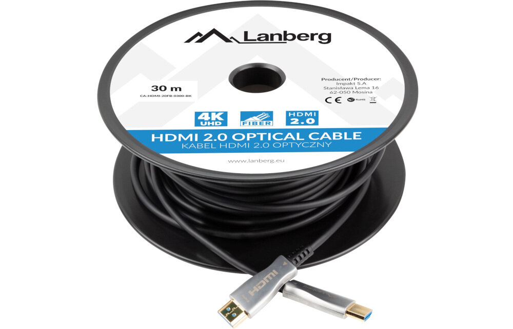 Kabel HDMI - HDMI LANBERG 20 m - Wysoka jakość wykonania, Pozłacane styki, Oplot z tworzywa sztucznego