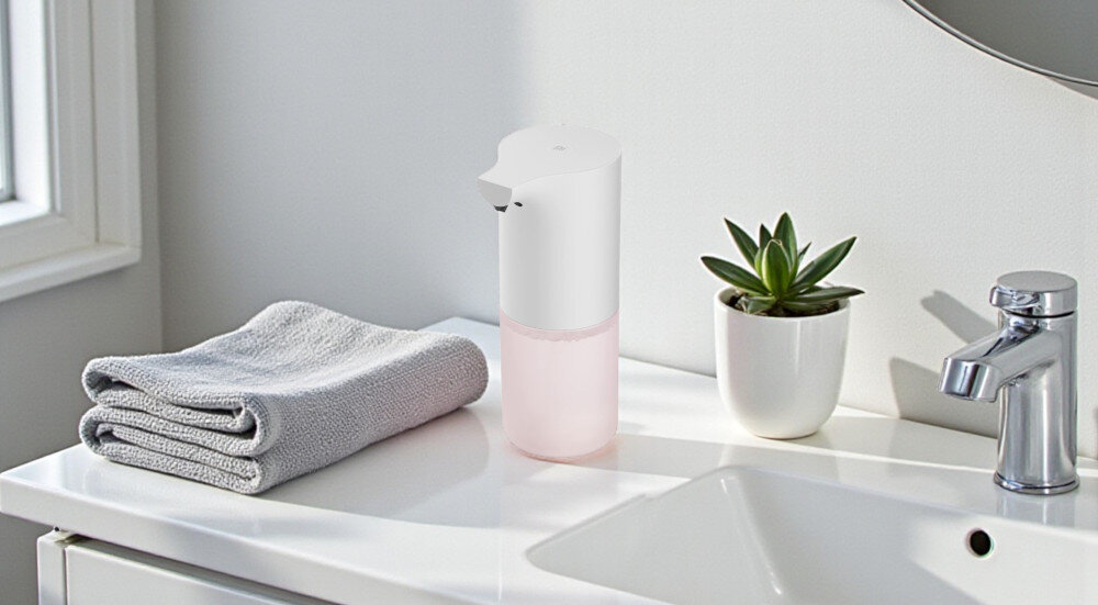 DOZOWNIK DO MYDŁA XIAOMI MI AUTOMATIC FOAMING SOAP DISPENSER 29349 BIAŁY Zdjęcie pokazuje dozownik mydła w piance ustawiony na blacie łazienkowym obok złożonego ręcznika i doniczki z sukulentem. Naturalne światło z okna i chromowana bateria umywalkowa podkreślają czysty, nowoczesny charakter wnętrza Kompaktowa konstrukcja wygląd kolor biały
