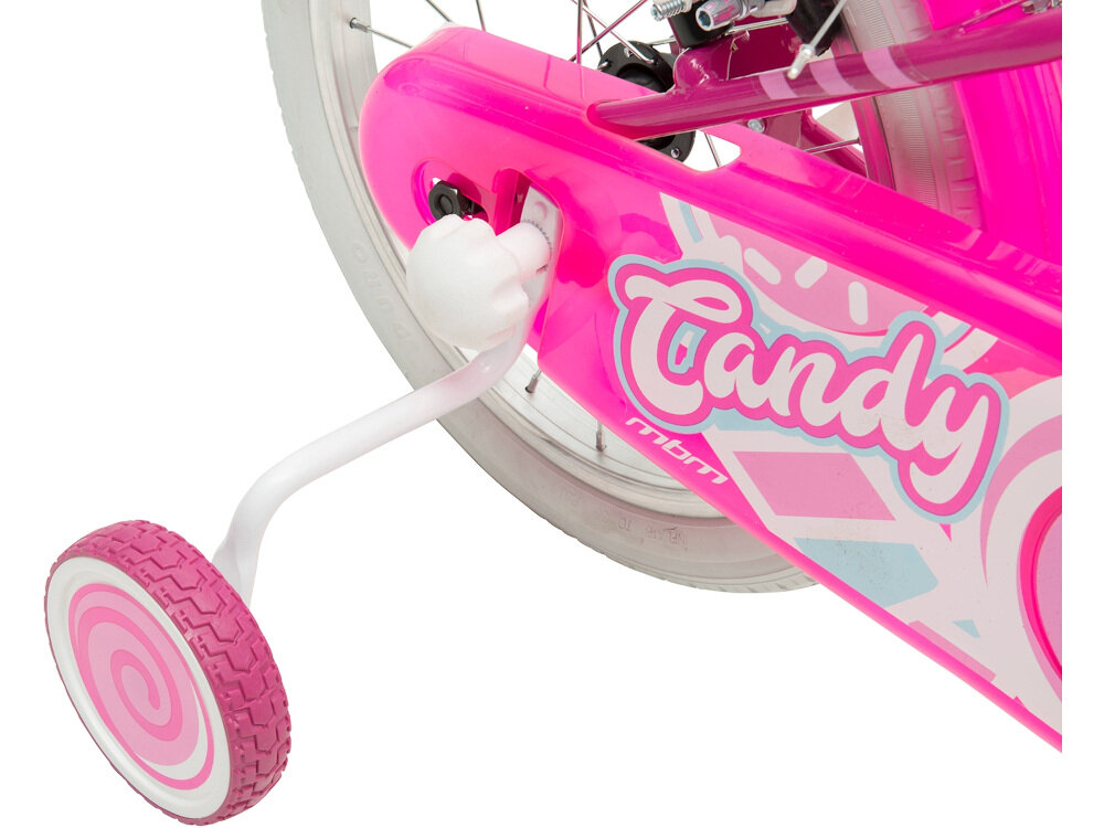 Rower dziecięcy MBM Candy 14 cali dla dziewczynki Fuksja kółka boczne