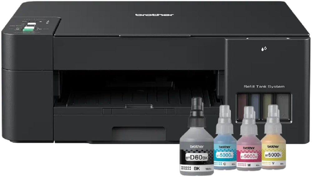 Urządzenie wielofunkcyjne BROTHER DCP-T420W Druk w kolorze, Wi-Fi prezentacja urządzenia i butelek z atramentem na białym tle pełne butelki w zestawie