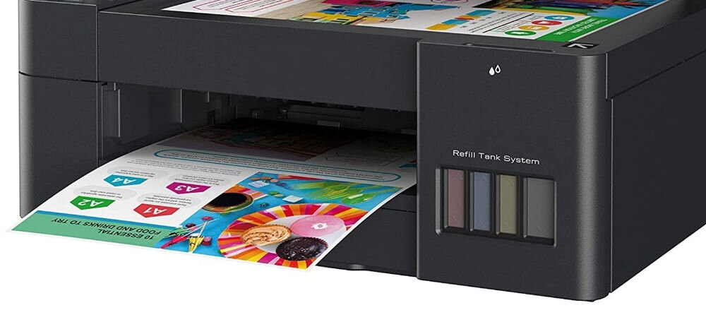 Urządzenie wielofunkcyjne BROTHER DCP-T420W Druk w kolorze, Wi-Fi zbliżenie na wydrukowaną w kolorze kartkę szybki dokładny wydruk ilość mono czas wydruku pierwszej strony rozdzielczość