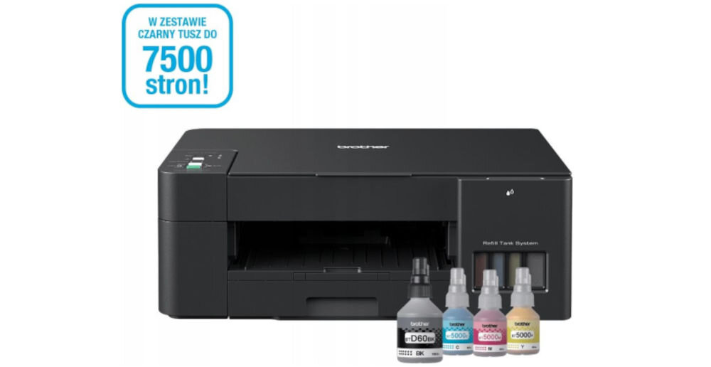 Urządzenie wielofunkcyjne BROTHER DCP-T420W Druk w kolorze, Wi-Fi prezentacja urządzenia od przodu na białym tle z butelkami z atramentem napis w zestawie czarny tusz do 7500 stron wydajność atramentu wydłużenie czasu pracy brak potrzeby martwienia się o częste przerwy