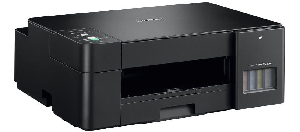 Urządzenie wielofunkcyjne BROTHER DCP-T420W Druk w kolorze, Wi-Fi prezentacja urządzenia od przodu pod kątem na białym tle funkcje 3w1 druk skan kopiuj wygoda organizacja przestrzeni