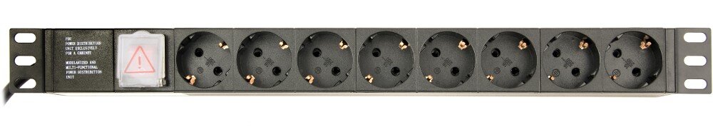 Listwa ENERGENIE EG-PDU-014 Czarna pozioma listwa zasilająca do szafy rack z ośmioma gniazdami typu Schuko, czerwonym włącznikiem pod przezroczystą klapką oraz napisem 'PDU Power Distribution Unit' po lewej stronie