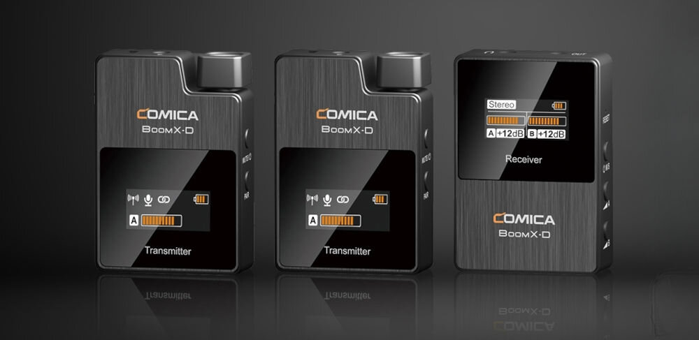 Zestaw bezprzewodowy COMICA BoomX-D D2 prezentacja zestawu na czarnym tle