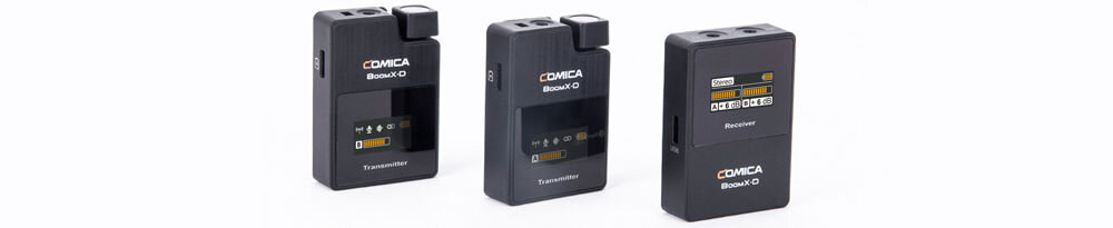 Zestaw bezprzewodowy COMICA BoomX-D D2 prezentacja odbiornika i nadajników na białym tle od przodu pod kątem 
				bezprzewodowy system mikrofonowy do profesjonalnych zastosowań