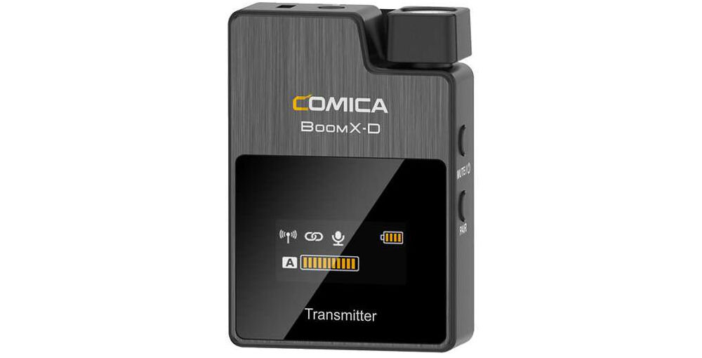 Zestaw bezprzewodowy COMICA BoomX-D D2 prezentacja nadajnika na białym tle od przodu
				bateria Li-ion 330 mAh do 5h pracy