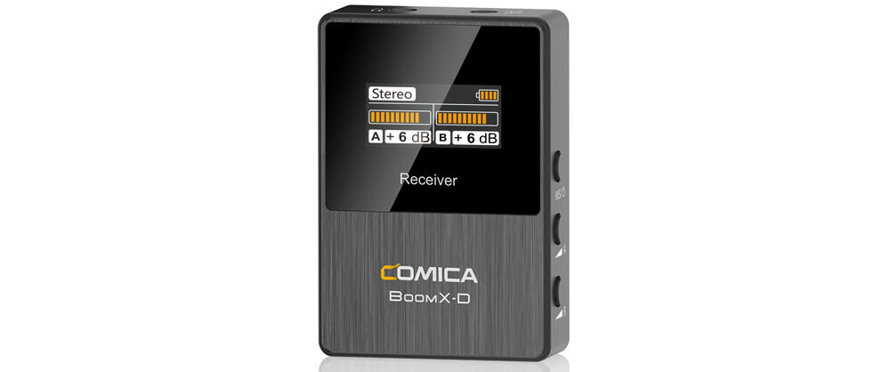 Zestaw bezprzewodowy COMICA BoomX-D D2 prezentacja odbiornika na białym tle od przodu
				technologia RF automatyczne dostosowanie częstotliwości stabilna transmisja
