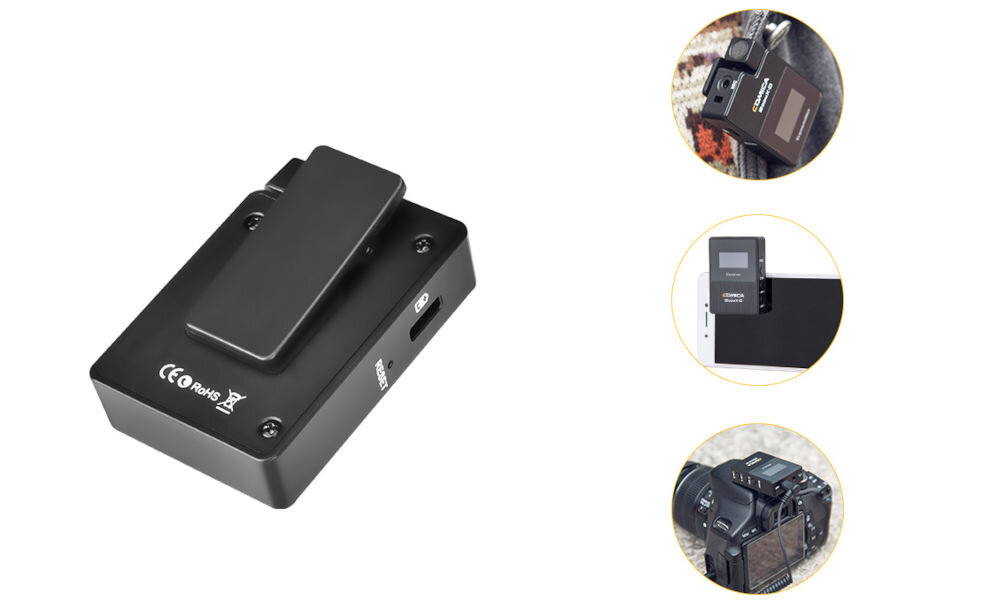 Zestaw bezprzewodowy COMICA BoomX-D D2 prezentacja urządzenia od tyłu na białym tle oraz możliwych opcji montażu za pomocą klipsa
				wielofunkcyjny klips łatwe mocowanie swoboda pracy