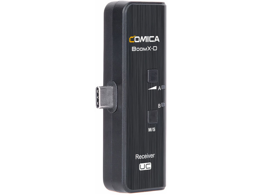 Zestaw bezprzewodowy COMICA BoomX-D UC2 prezentacja odbiornika na białym tle złącza USB-C i Jack 3,5mm TRS/TRRS