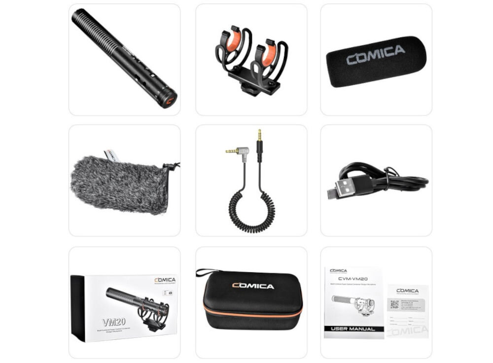 Mikrofon COMICA CVM-VM20 pokazanie zestawu akcesoriów na białym tle